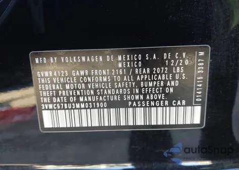 2021 Volkswagen Jetta 1.4T R-Line/1.4T S/1.4T Se z USA, uszkodzony, nr VIN 3VWC57BU3MM031900